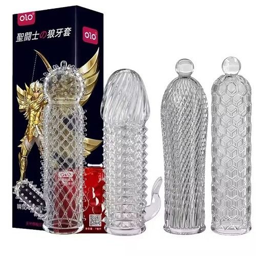 Насадка на член рельєфна OLO з відростком та мастилом, прозора вид 4