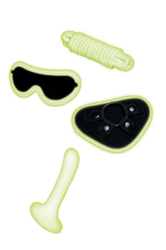 Набір БДСМ люмінесцентний Whipsmart Glow In The Dark страпон, маска на очі та мотузка вид 3