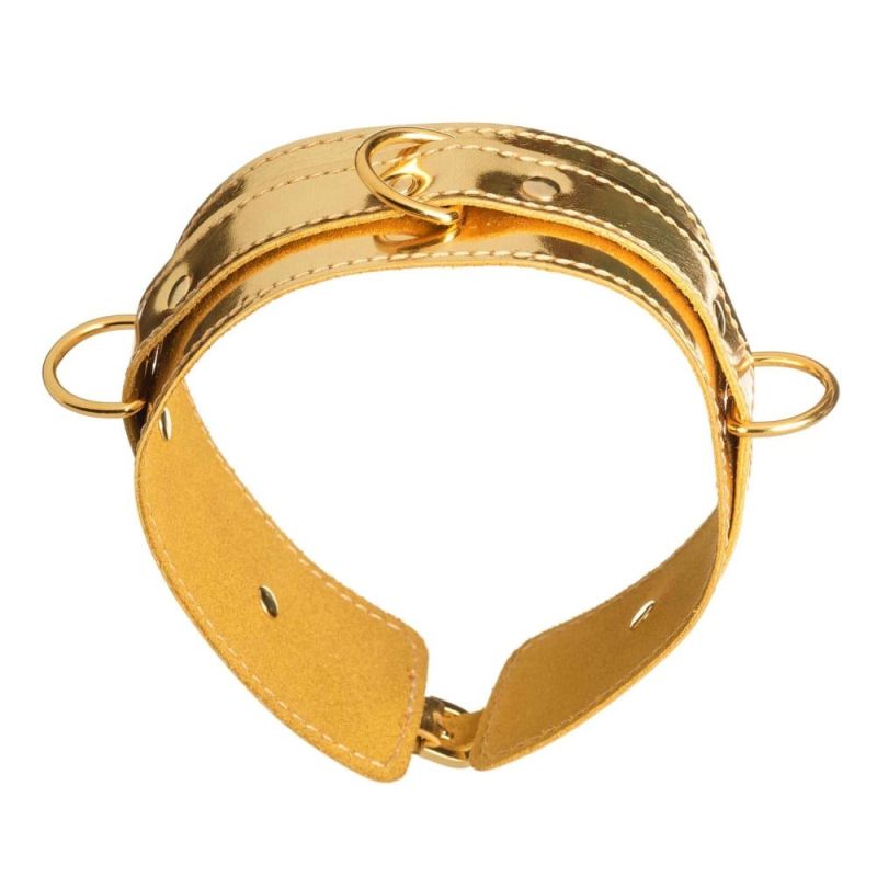 Нашийник БДСМ DS Fetish з трьома кільцями лакований, золото вид 3