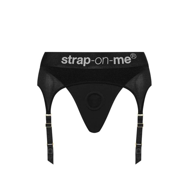 Трусы для страпона Strap-On-Me с подвязками для чулок, черные, XL вид 5