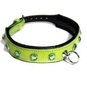 Ошейник со стразами тонкий DS Fetish кожаный, салатовый (Голландия)