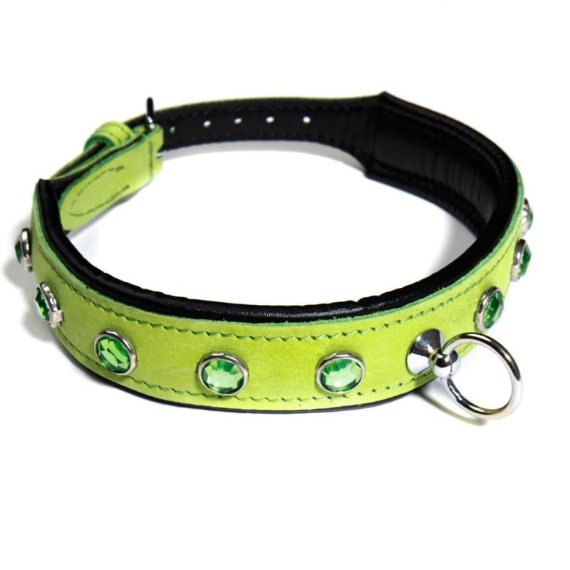 Нашийник зі стразами тонкий DS Fetish шкіряний, салатовий (Голландія) вид 2