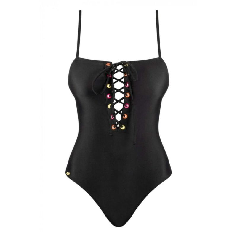 Купальник відрядний Obsessive Beverelle з глибоким декольте та шнурівкою, чорний, M вид 5