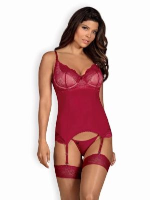 Корсет мереживний із стрінгами Obsessive Rosalyne бордовий, S-M