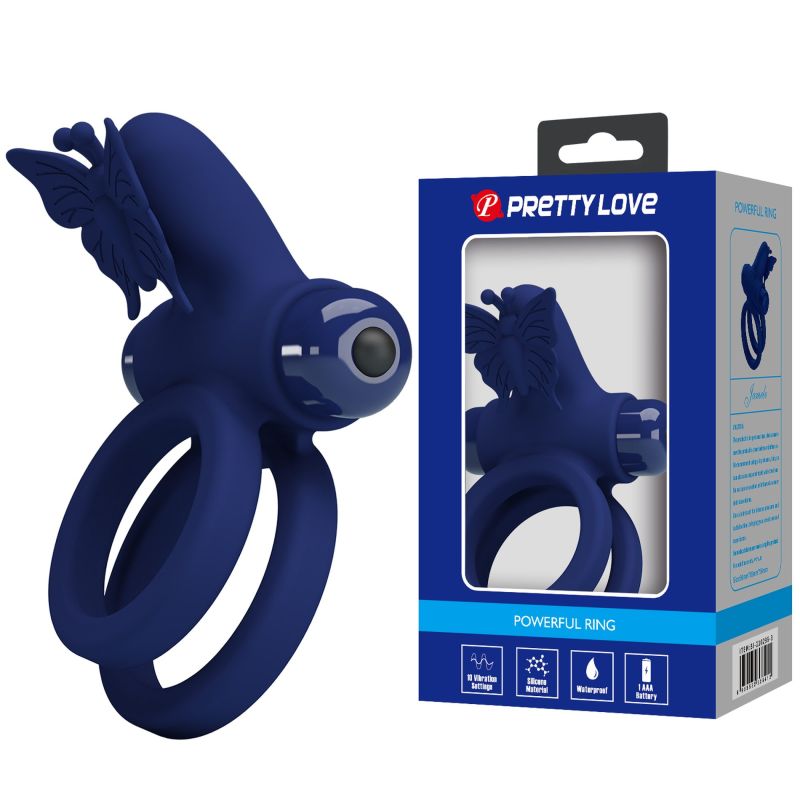 Ерекційне віброкільце подвійне PRETTY LOVE Powerful Ring Jamele з метеликом, 10 режимів, синє вид 2