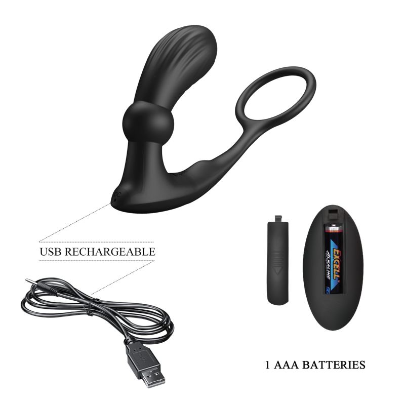 Анальный вибратор с эрекционным кольцом PRETTY LOVE Warren черный, 10.1 х 2.9 см вид 9