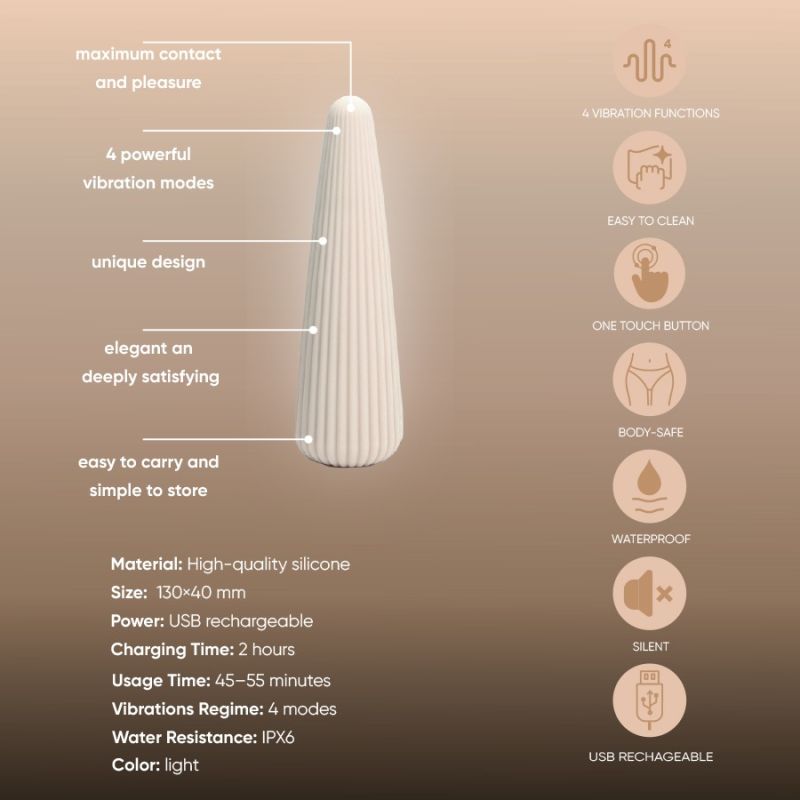 Вібратор-конус рельєфний Sweet Em, 10 режимів, бежевий, 12.8 х 3.8 см вид 11