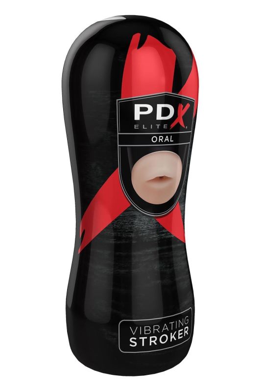 Мастурбатор-рот у чорній колбі Pipedream PDX Elite з вібрацією, тілесний вид 4