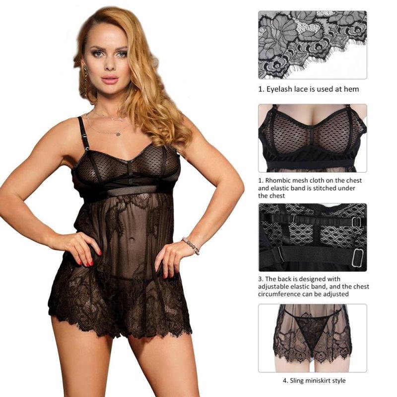 Пеньюар с трусиками Star Night с кружевом, чёрный, XS-S вид 4