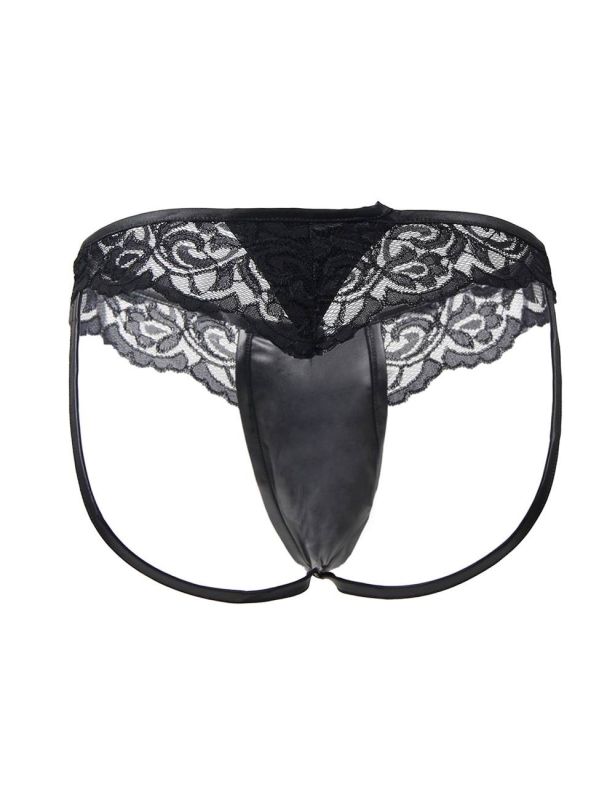 Мужские стринги Star Night с имитацией кожи и кружевом, чёрные, M вид 7