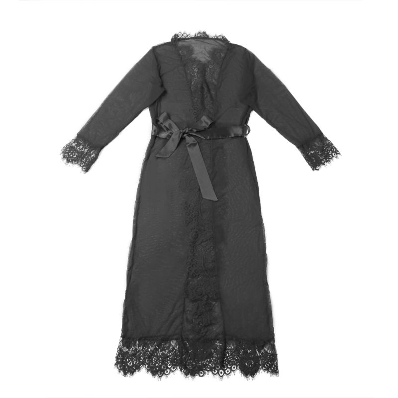 Халатик полупрозрачный Star Night с поясом и кружевом, черный, M-L вид 5