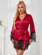 Халат с кружевом Star Night с поясом и стрингами, красно-черный, XS-S