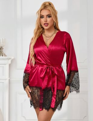 Халат с кружевом Star Night с поясом и стрингами, красно-черный, XS-S