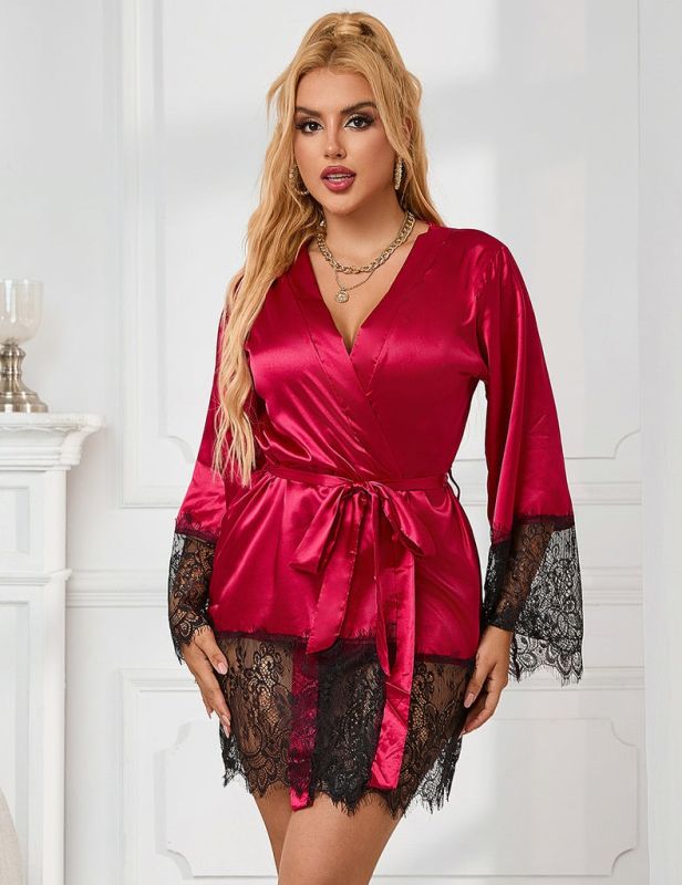 Халат с кружевом Star Night с поясом и стрингами, красно-черный, XS-S вид 2
