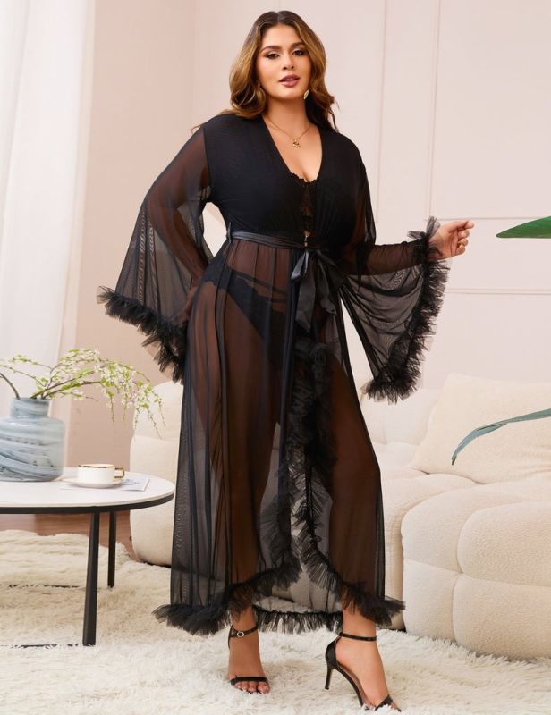 Халат Star Night с кружевом и поясом, черный, XS-S вид 3