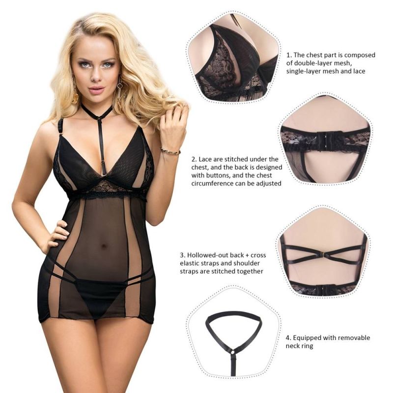 Пеньюар з трусиками Star Night на бретельках, чорний, XS-S вид 5