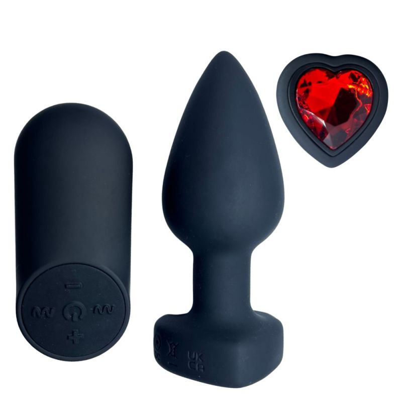 Анальная вибропробка с пультом Passion Play с красным камнем в форме сердца, 28 режимов, чёрная вид 2