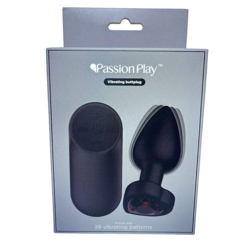 Анальная вибропробка с пультом Passion Play с красным камнем в форме сердца, 28 режимов, чёрная вид 3