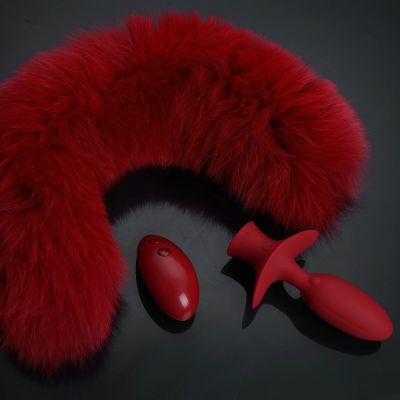 Анальная вибропробка с ротацией и пультом UPKO с красным натуральным лисьим хвостом, красная
