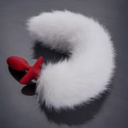Анальная вибропробка с ротацией и пультом UPKO с белым натуральным лисьим хвостом, красная