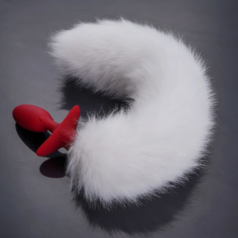 Анальная вибропробка с ротацией и пультом UPKO с белым натуральным лисьим хвостом, красная вид 2