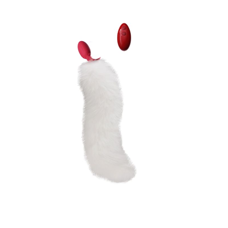 Анальная вибропробка с ротацией и пультом UPKO с белым натуральным лисьим хвостом, красная вид 3