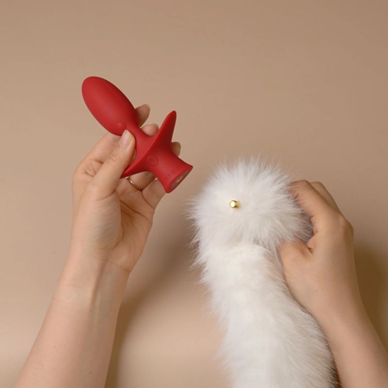 Анальная вибропробка с ротацией и пультом UPKO с белым натуральным лисьим хвостом, красная вид 6