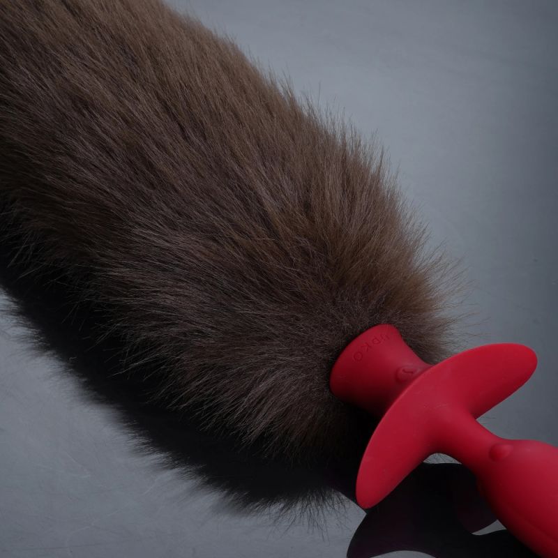 Анальна вібропробка з ротацією і пультом UPKO з коричневим натуральним лисячим хвостом, червона вид 6