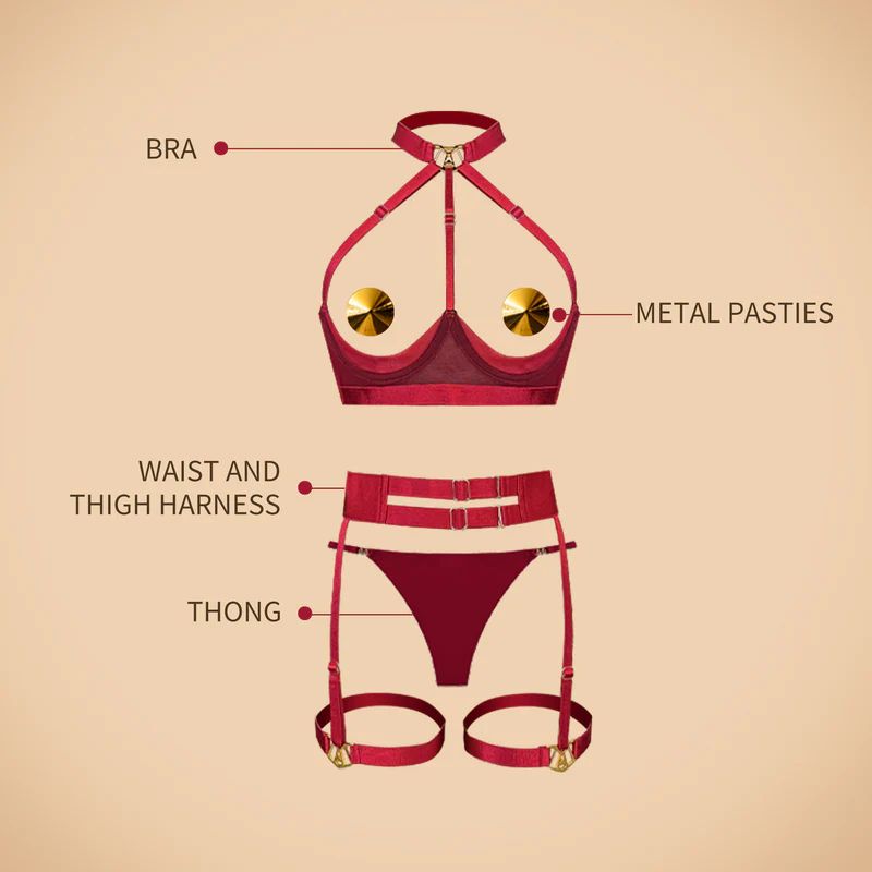 Комплект белья UPKO Lingerie Set с золотыми пэстисами, красный, One Size вид 10