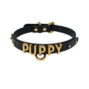 Чокер з написом PUPPY від UPKO з італійської шкіри, чорний із золотою фурнітурою