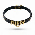 Чокер с надписью PUPPY от UPKO из итальянской кожи, чёрный с золотой фурнитурой вид 4