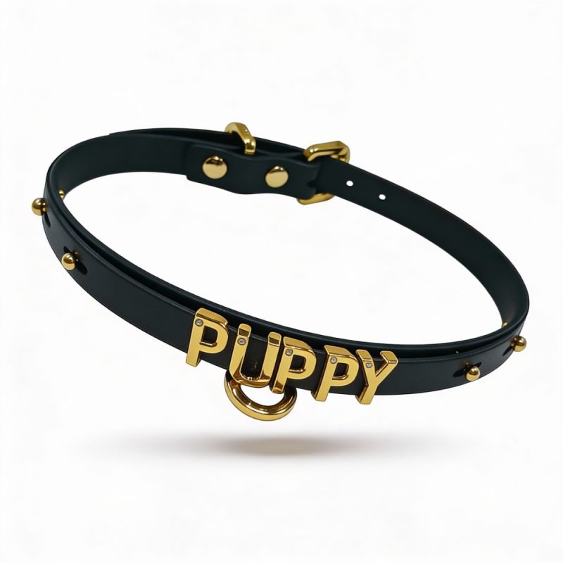 Чокер с надписью PUPPY от UPKO из итальянской кожи, чёрный с золотой фурнитурой вид 5