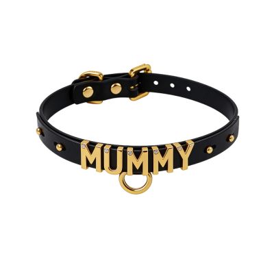 Чокер с надписью MOMMY от UPKO из итальянской кожи, чёрный с золотой фурнитурой