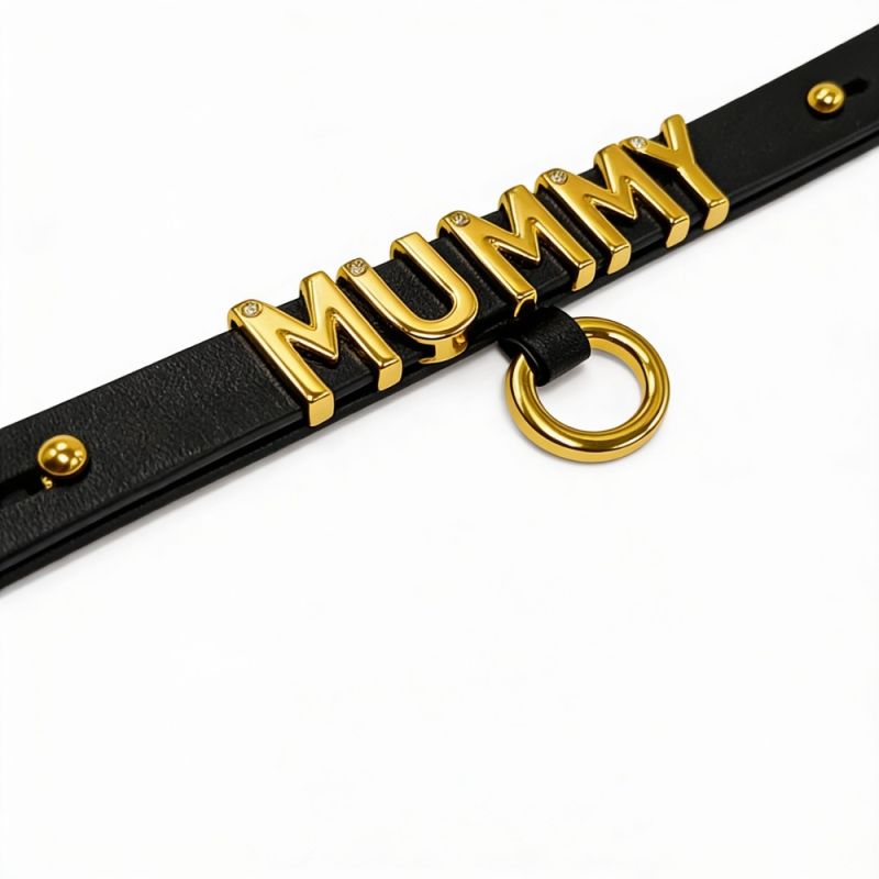 Чокер з написом MOMMY від UPKO з італійської шкіри, чорний з золотою фурнітурою вид 5