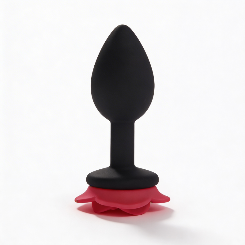 Анальна пробка ALUME, S, силіконова чорна з червоною трояндою, 8 х 2,8 см вид 5