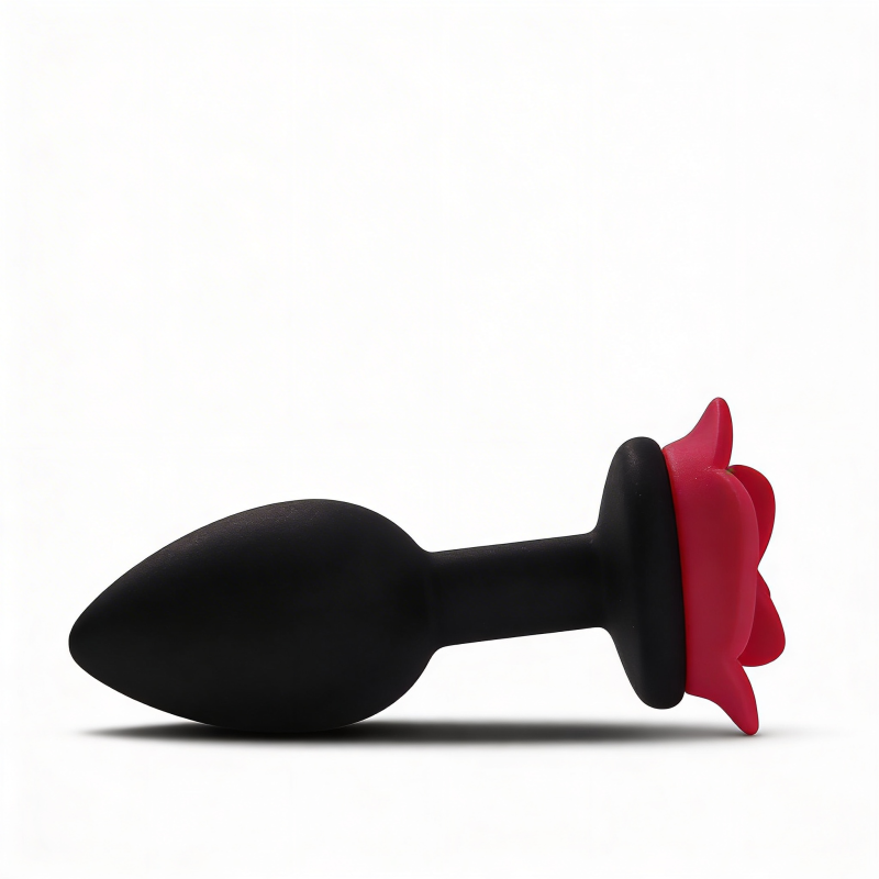 Анальна пробка ALUME, S, силіконова чорна з червоною трояндою, 8 х 2,8 см вид 9