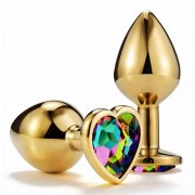 Анальна пробка ALUME, S, металева золотиста з різнокольоровим каменем у формі серця, 7 х 2,8 см