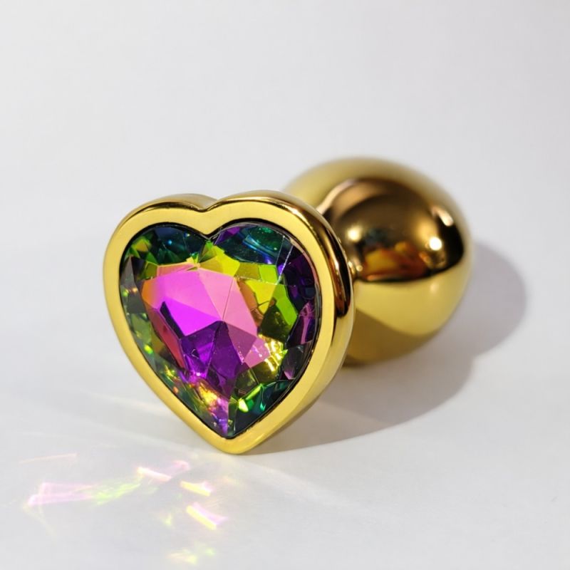 Анальна пробка ALUME, S, металева золотиста з різнокольоровим каменем у формі серця, 7 х 2,8 см вид 6