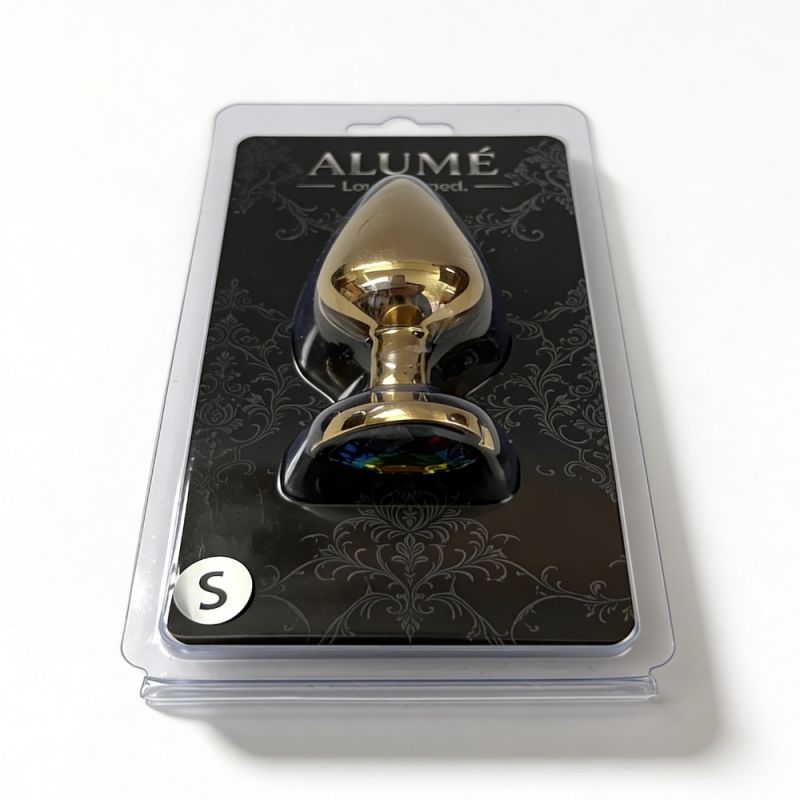 Анальна пробка ALUME, S, металева золотиста з різнокольоровим каменем у формі серця, 7 х 2,8 см вид 7
