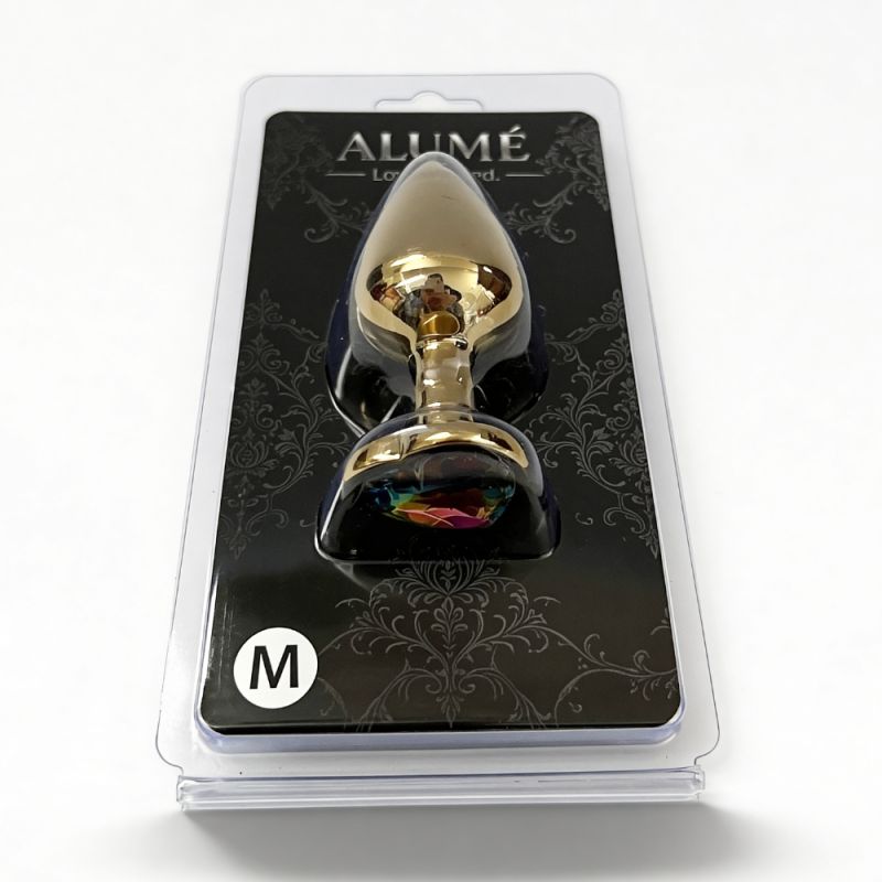 Анальна пробка ALUME, M, металева золотиста з різнокольоровим каменем у формі серця, 8,5х3,3 см вид 7