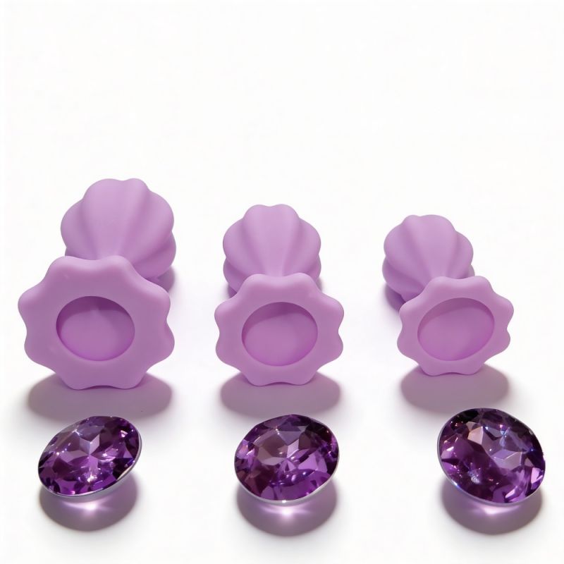 Набор силиконовых анальных рельефных пробок ALUME, S, M, L, с камнем лилового цвета, 3 шт вид 4