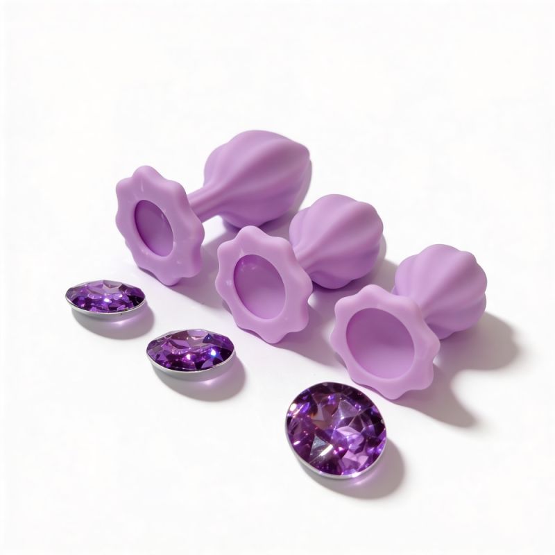 Набор силиконовых анальных рельефных пробок ALUME, S, M, L, с камнем лилового цвета, 3 шт вид 5