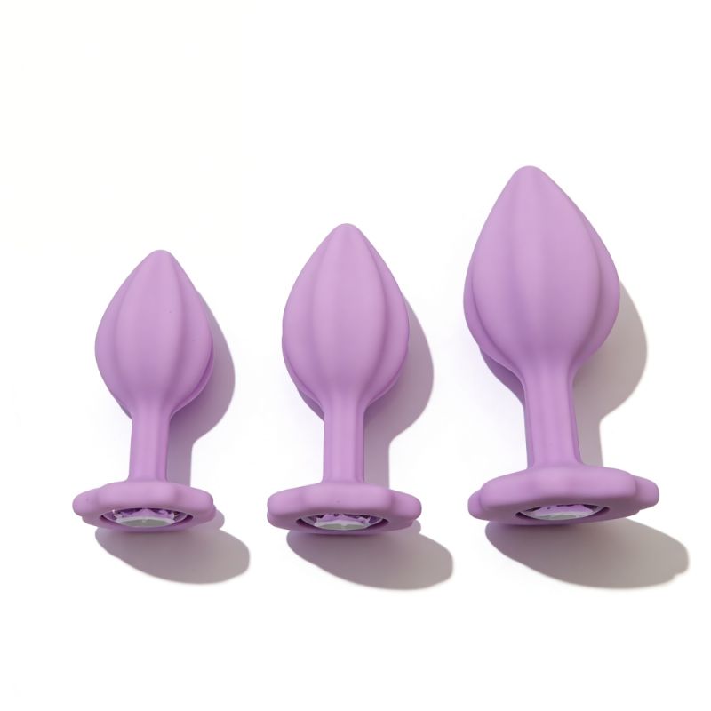 Набор силиконовых анальных рельефных пробок ALUME, S, M, L, с камнем лилового цвета, 3 шт вид 8