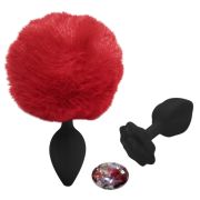Анальна пробка рельєфна ALUME, S, чорна з червоним пушком і змінним прозорим каменем, 7 х 2,8 см
