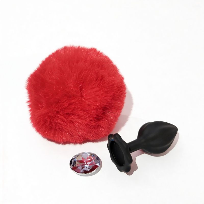 Анальна пробка рельєфна ALUME, S, чорна з червоним пушком і змінним прозорим каменем, 7 х 2,8 см вид 3