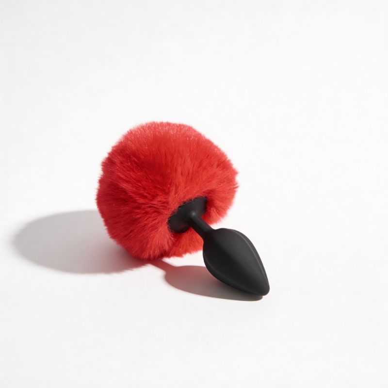 Анальна пробка рельєфна ALUME, S, чорна з червоним пушком і змінним прозорим каменем, 7 х 2,8 см вид 5