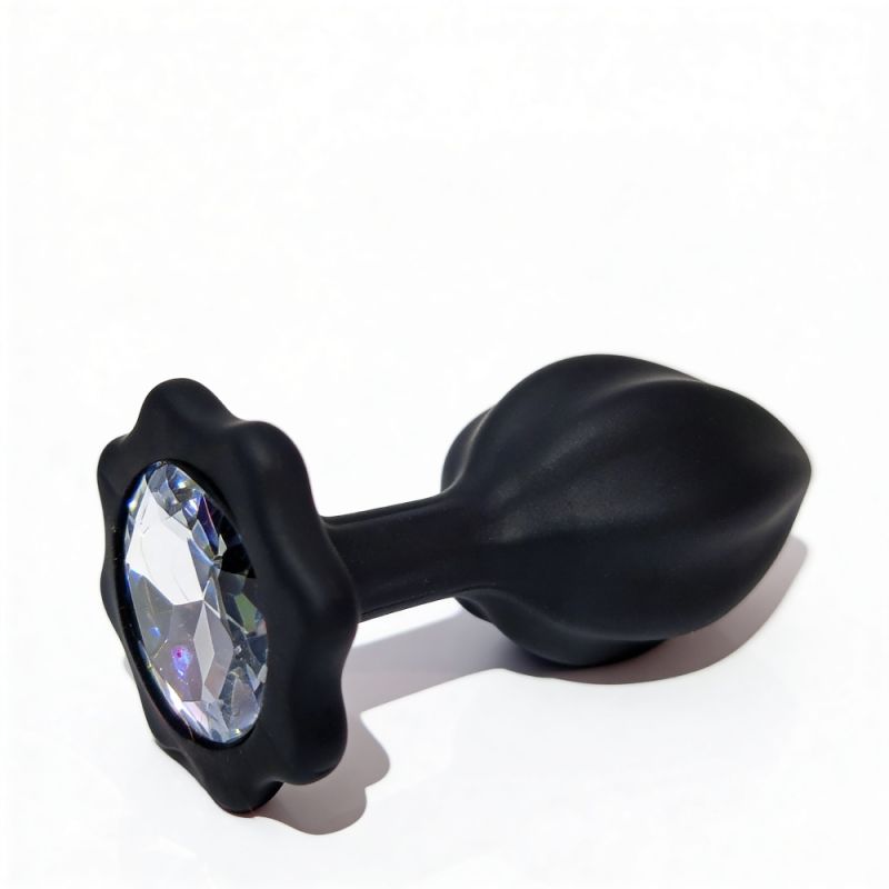 Анальна пробка рельєфна ALUME, S, чорна з червоним пушком і змінним прозорим каменем, 7 х 2,8 см вид 7