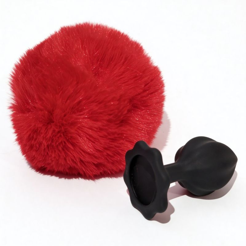 Анальна пробка рельєфна ALUME, S, чорна з червоним пушком і змінним прозорим каменем, 7 х 2,8 см вид 10