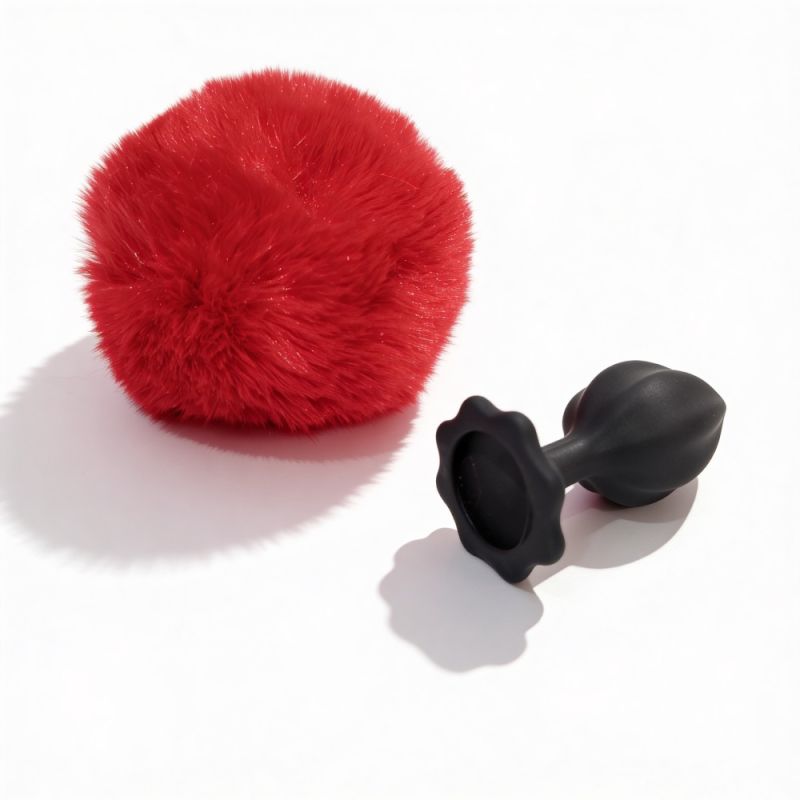 Анальна пробка рельєфна ALUME, S, чорна з червоним пушком і змінним прозорим каменем, 7 х 2,8 см вид 11