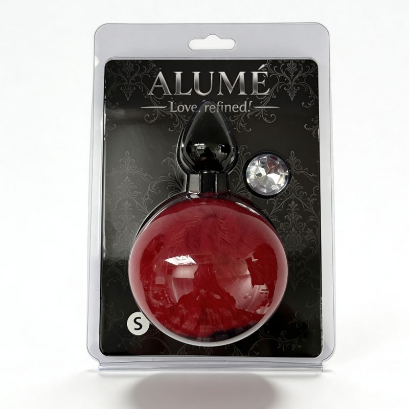 Анальна пробка рельєфна ALUME, S, чорна з червоним пушком і змінним прозорим каменем, 7 х 2,8 см вид 13